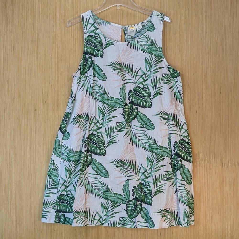 C&C California Womens Linen Resort Tropical Palm Leaf Shift Dress Size L Green